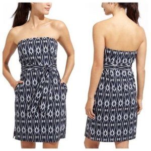 athleta "ikat" strapless tie front blue dress